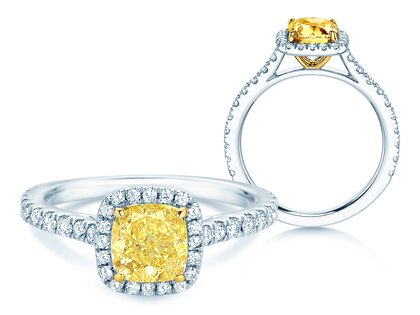 Engagement ring Fancy Yellow Halo Cushion Pavé in 9K white gold with diamonds 1.81ct G/SI