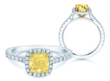 Engagement ring Fancy Yellow Halo Cushion Pavé