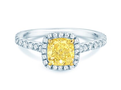 Engagement ring Fancy Yellow Halo Cushion Pavé in 9K white gold with diamonds 1.81ct G/SI