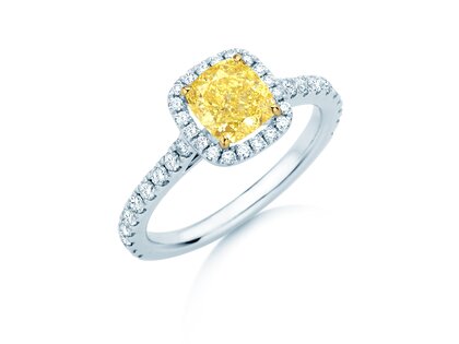 Engagement ring Fancy Yellow Halo Cushion Pavé in 9K white gold with diamonds 1.81ct G/SI