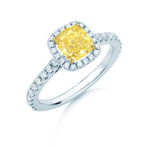 Engagement ring Fancy Yellow Halo Cushion Pavé in 9K white gold with diamonds 1.81ct G/SI