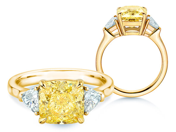 Engagement ring Fancy Yellow Trillion Radiance in 14K yellow gold with diamonds 4.20ct G/SI
