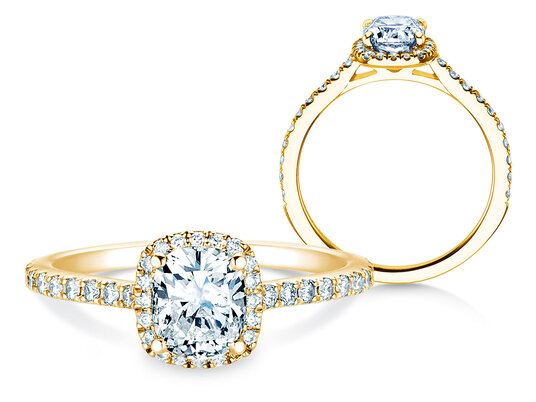 Engagement ring Halo Cushion Pavé in 9K yellow gold with lab-grown diamonds 1.30ct E/VS