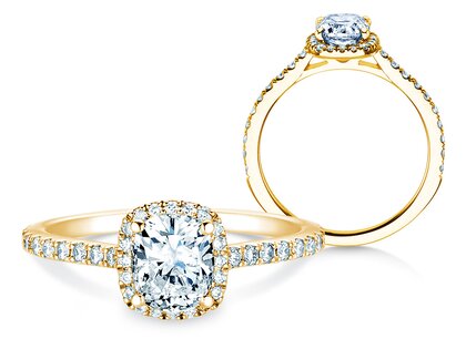 Engagement ring Halo Cushion Pavé in 9K yellow gold with lab-grown diamonds 1.30ct E/VS