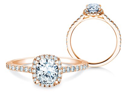 Engagement ring Halo Cushion Pavé in 9K rosé gold with diamonds 0.80ct G/SI