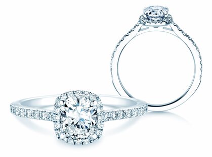 Engagement ring Halo Cushion Pavé in 18K white gold with diamonds 0.50ct