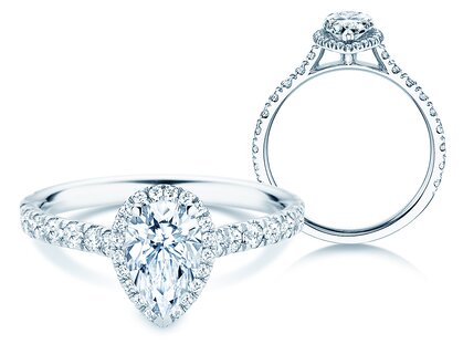 Engagement ring Pear Halo Pavé in 9K white gold with diamonds 0.58ct G/SI