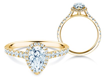 Engagement ring Pear Halo Pavé in 9K yellow gold with lab-grown diamonds 0.58ct E/VS