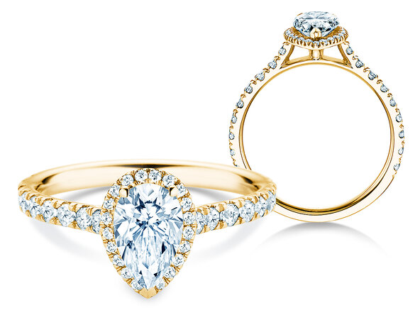 Engagement ring Pear Halo Pavé in 9K yellow gold with lab-grown diamonds 0.58ct E/VS