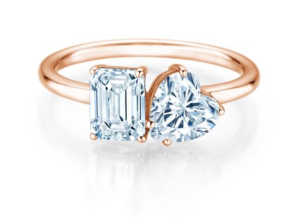 Engagement ring Toi et Moi Emerald & Heart  in 9K rosé gold with lab-grown diamonds 1.20ct E/VS