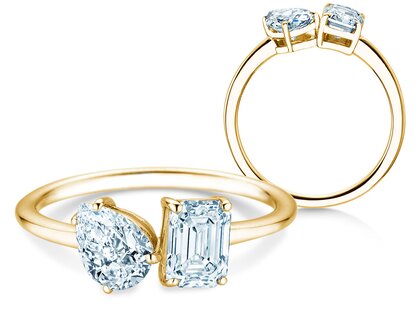 Engagement ring Toi et Moi Pear & Emerald in 9K yellow gold with lab-grown diamonds 0.30ct E/VS