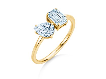 Engagement ring Toi et Moi Pear & Emerald in 9K yellow gold with lab-grown diamonds 0.30ct E/VS