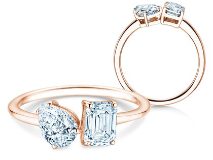 Engagement ring Toi et Moi Pear & Emerald in 9K rosé gold with lab-grown diamonds 0.30ct E/VS