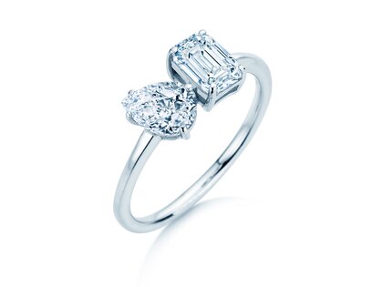 Engagement ring Toi et Moi Pear & Emerald in 9K white gold with lab-grown diamonds 0.30ct E/VS
