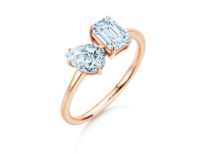 Engagement ring Toi et Moi Pear & Emerald in 9K rosé gold with lab-grown diamonds 0.30ct E/VS