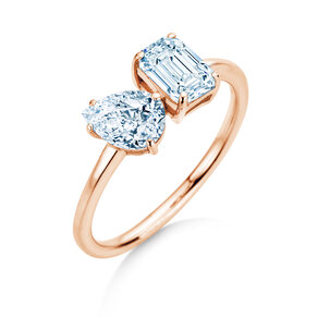 Engagement ring Toi et Moi Pear & Emerald in 9K rosé gold with lab-grown diamonds 0.30ct E/VS
