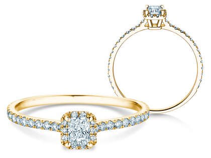 Engagement ring Radiant Halo Pavé in 9K yellow gold with lab-grown diamonds 0.58ct E/VS