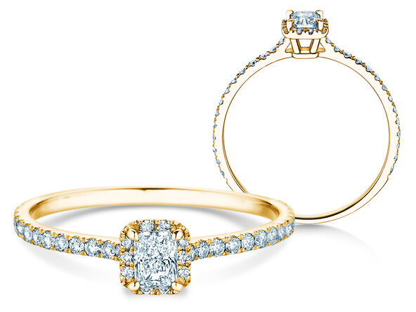 Engagement ring Radiant Halo Pavé in 9K yellow gold with lab-grown diamonds 0.58ct E/VS