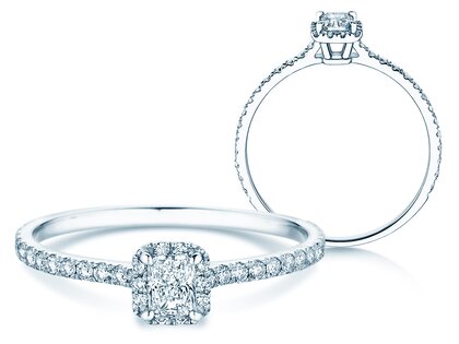 Engagement ring Radiant Halo Pavé in 9K white gold with lab-grown diamonds 0.58ct E/VS